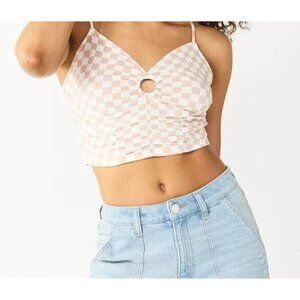 Womens SO Cropped Keyhole Checkered Beige White Tank Top Juniors Size L